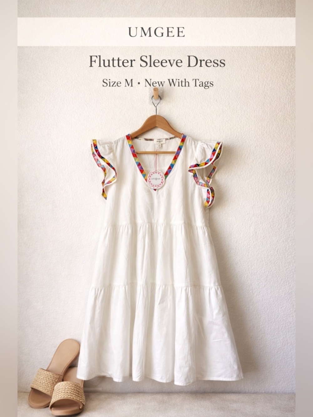 Umgee White Boho Flutter Sleeve Dress Multicolor Trim NWT Medium - Picture 1 of 4